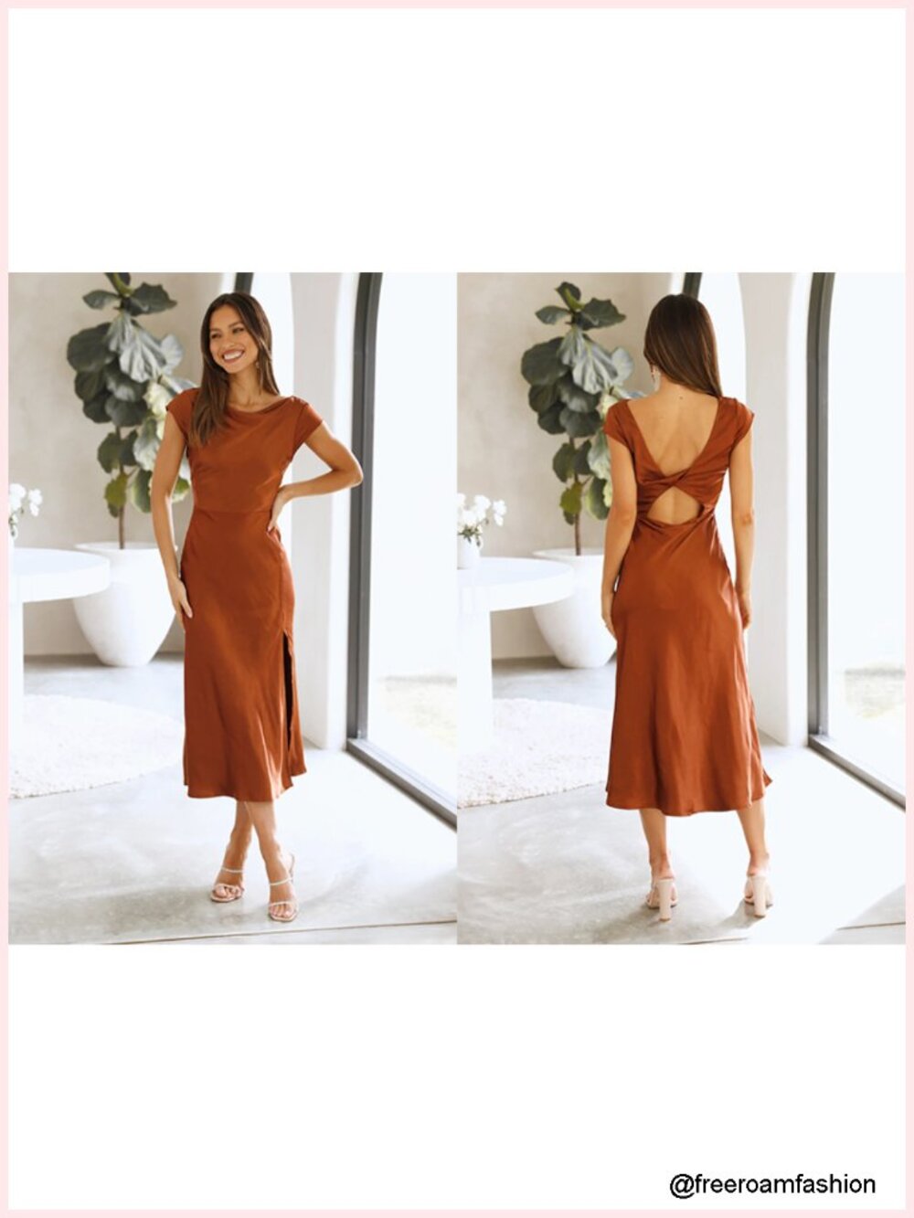 Polyester Backless Twist Cap Sleeve Midi Dress Cowl Neck Side Slit Wedding Guest - Picture 5 of 6